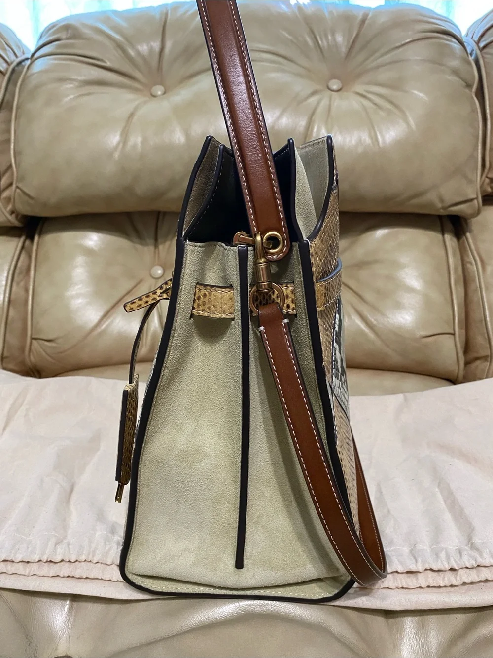 LKNW Tory Burch Lee Radziwill Large Double Bag Leather Snake Python Green Beige